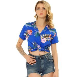 Hawaiian Shirts Floral Top Leaves Print Short Sleeve Tropical Royal Blue